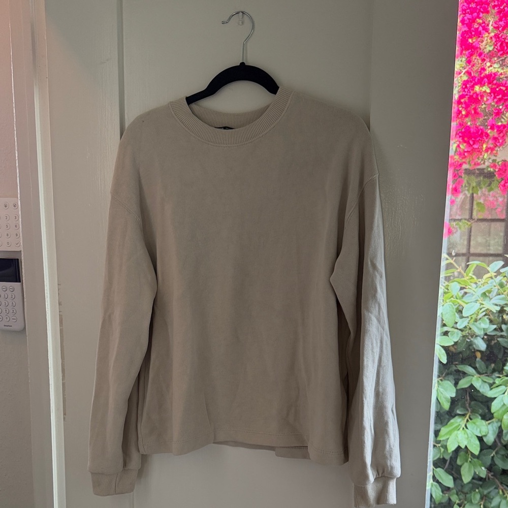 Zara Neutral Ribbed Crewneck Sweatshirt in Light Beige